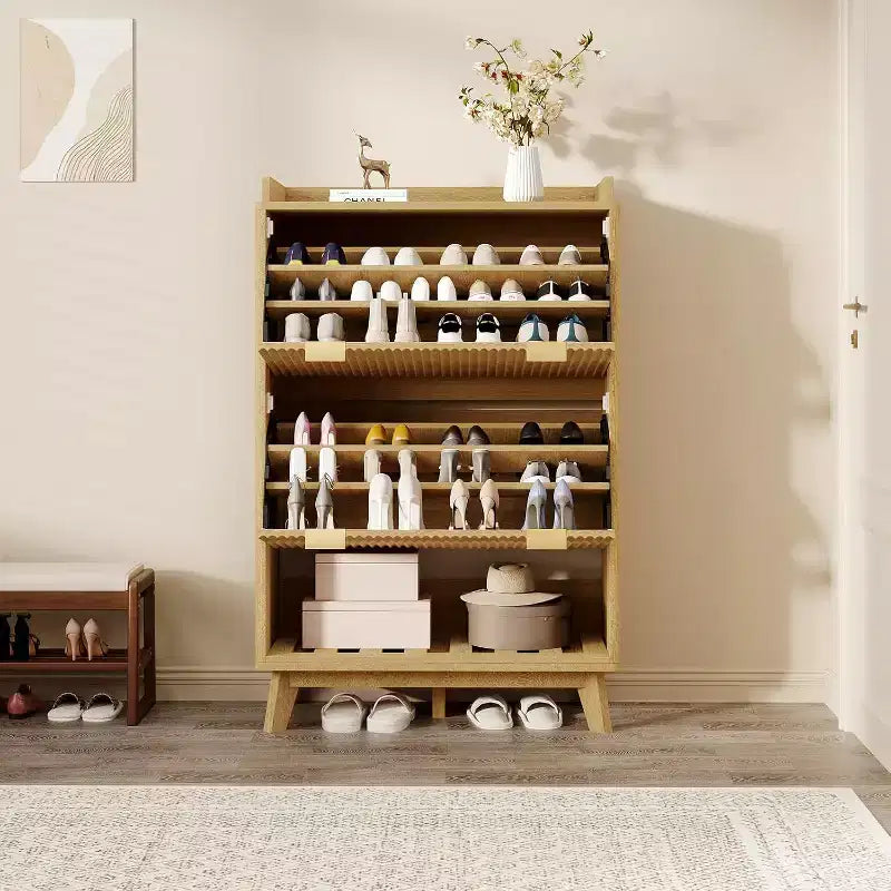 Meuble à chaussures étroit Acekool 2 tiroirs basculants en noyer avec tiroir et étagère ouverte pour entrée, couloir et salon