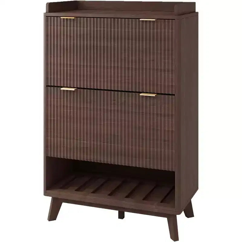 Meuble à chaussures étroit Acekool 2 tiroirs basculants en noyer avec tiroir et étagère ouverte pour entrée, couloir et salon