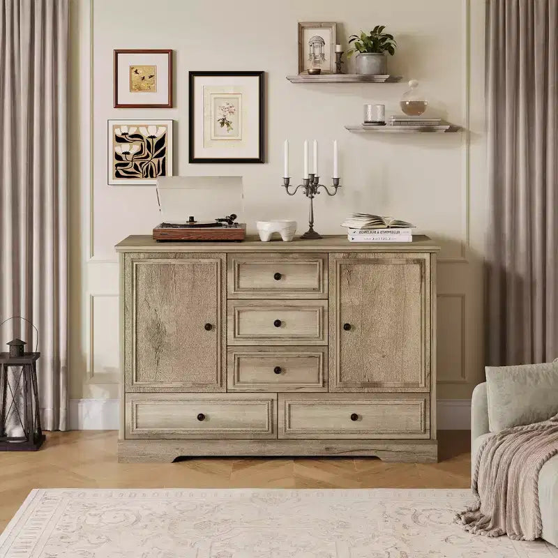 Buffet de Ferme, Bahut de Rangement avec 5 Tiroirs, 2 Portes, Meuble Bar en Bois, Table Buffet pour Salle à Manger et Salon