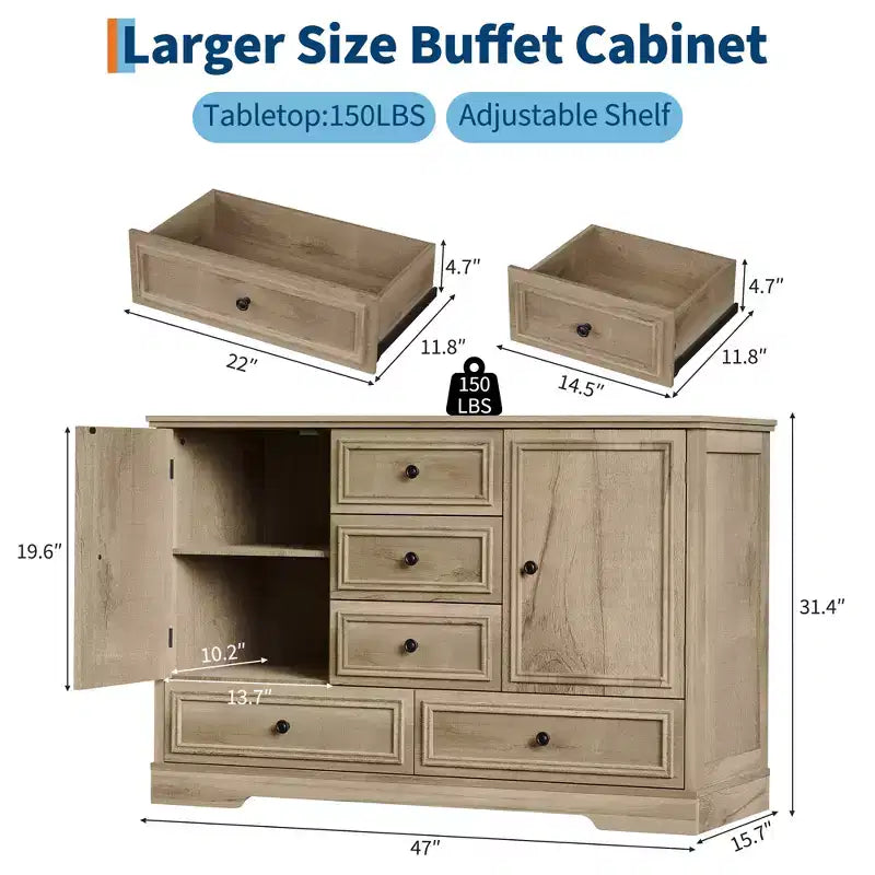Buffet de Ferme, Bahut de Rangement avec 5 Tiroirs, 2 Portes, Meuble Bar en Bois, Table Buffet pour Salle à Manger et Salon