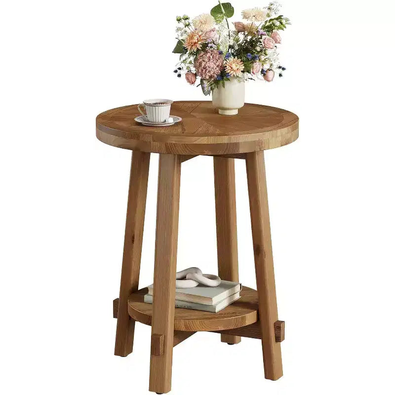 Table d'appoint Lantine en bois massif pour salon, petite table de bout ronde de style ferme avec rangement à 2 niveaux pour petits espaces, chambre à coucher, marron