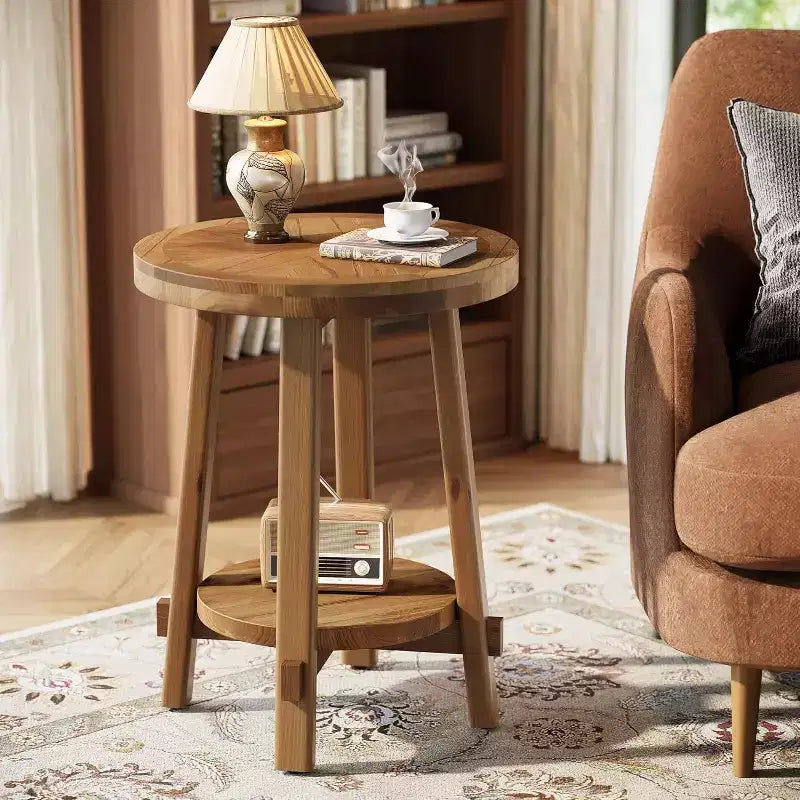 Table d'appoint Lantine en bois massif pour salon, petite table de bout ronde de style ferme avec rangement à 2 niveaux pour petits espaces, chambre à coucher, marron