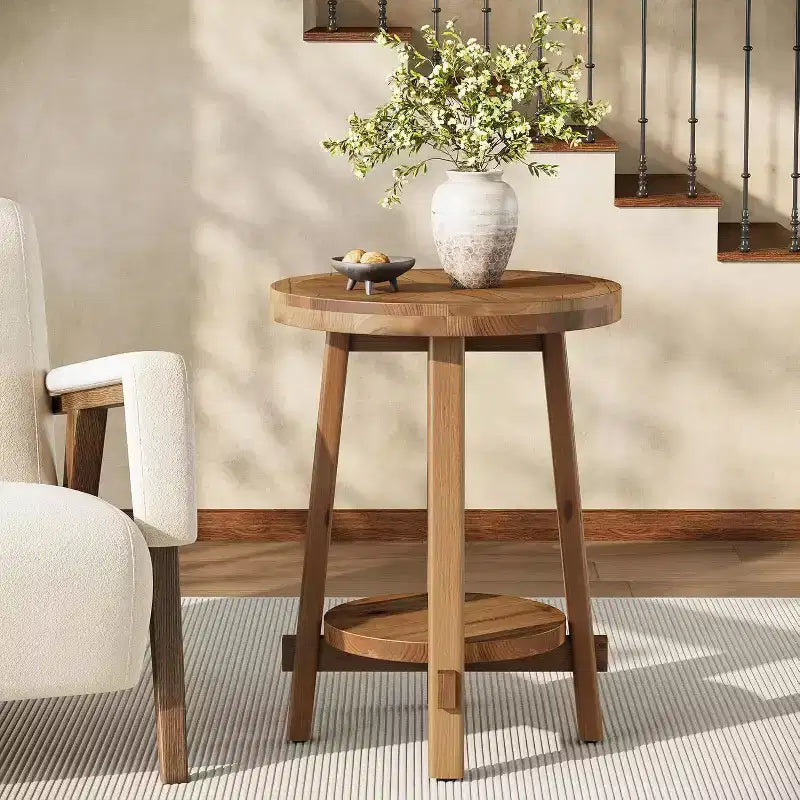 Table d'appoint Lantine en bois massif pour salon, petite table de bout ronde de style ferme avec rangement à 2 niveaux pour petits espaces, chambre à coucher, marron