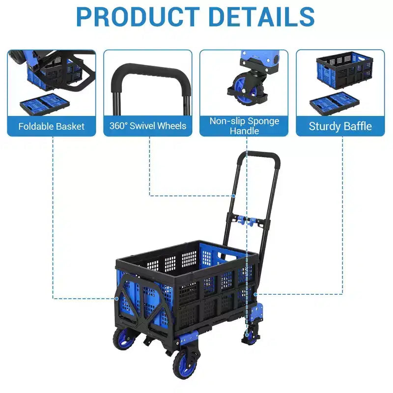 Diable Chariot Pliant, Chariot Pliable Convertible 2-en-1 avec Panier Pliable et Poignée Rétractable, Portable pour Entrepôt, Courses