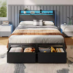 Cadre de lit plateforme pleine grandeur 2 tiroirs de rangement Tête de lit Lumières LED Station de charge Métal Bois robuste Pas besoin de sommier Chambre d'amis USB