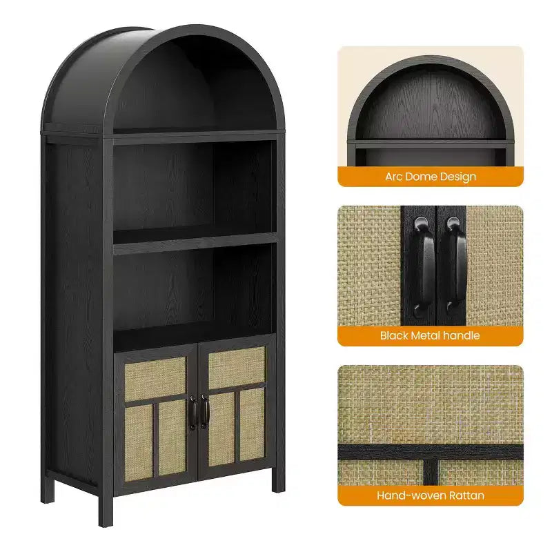Meuble de rangement en rotin arqué 70, buffet bohème avec étagères réglables, grand meuble de cellier, noir