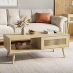 39.4 Table basse bohème en rotin, table de salon moderne en bois avec porte coulissante et étagère de rangement ouverte, patins antidérapants