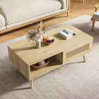 39.4 Table basse bohème en rotin, table de salon moderne en bois avec porte coulissante et étagère de rangement ouverte, patins antidérapants