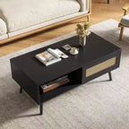 39.4 Table basse bohème en rotin, table de salon moderne en bois avec porte coulissante et étagère de rangement ouverte, patins antidérapants