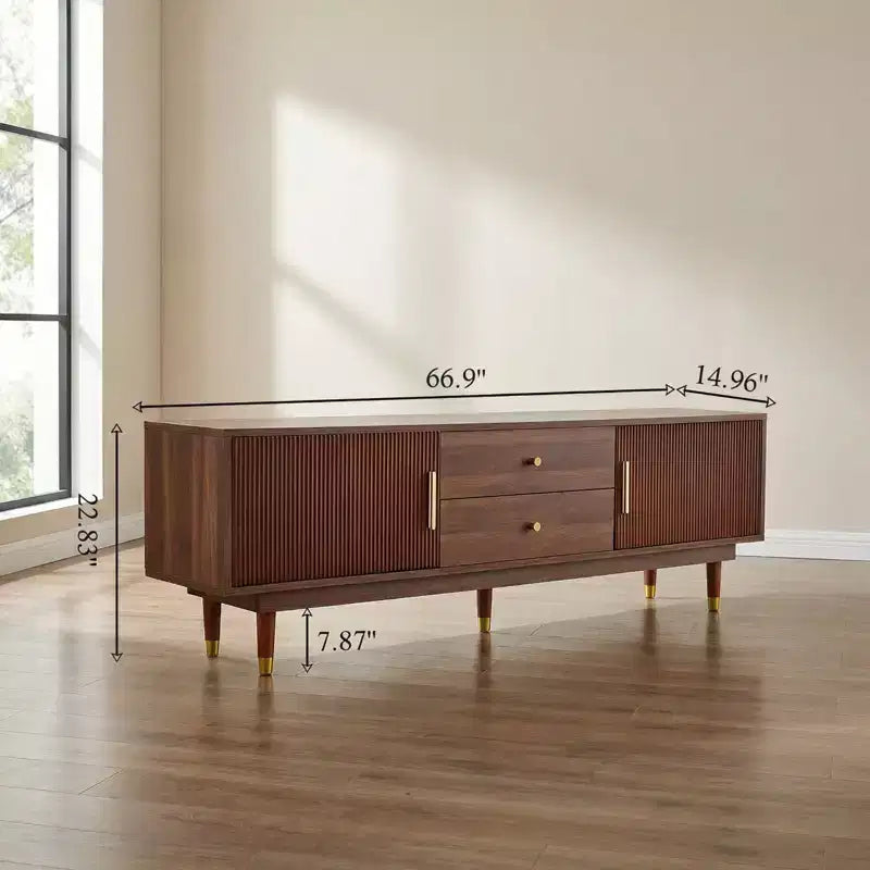 Meuble TV JVNOXK de 170 cm de style milieu du siècle, console TV en noyer avec deux tiroirs de rangement, adapté aux salons et aux chambres à coucher