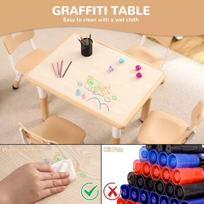Table et 4 chaises ajustables pour enfants – Bureau multi-activités antidérapant et résistant aux graffitis pour [activités] – Âges