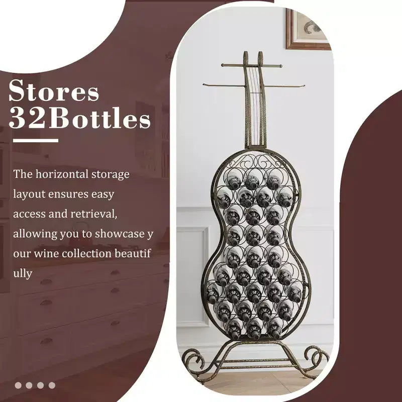 Support à vin en forme de violoncelle, 32 bouteilles, support à vin autoportant avec rangement pour bouteilles, rangement à vin pour spiritueux et vins, organiseur pour la cuisine