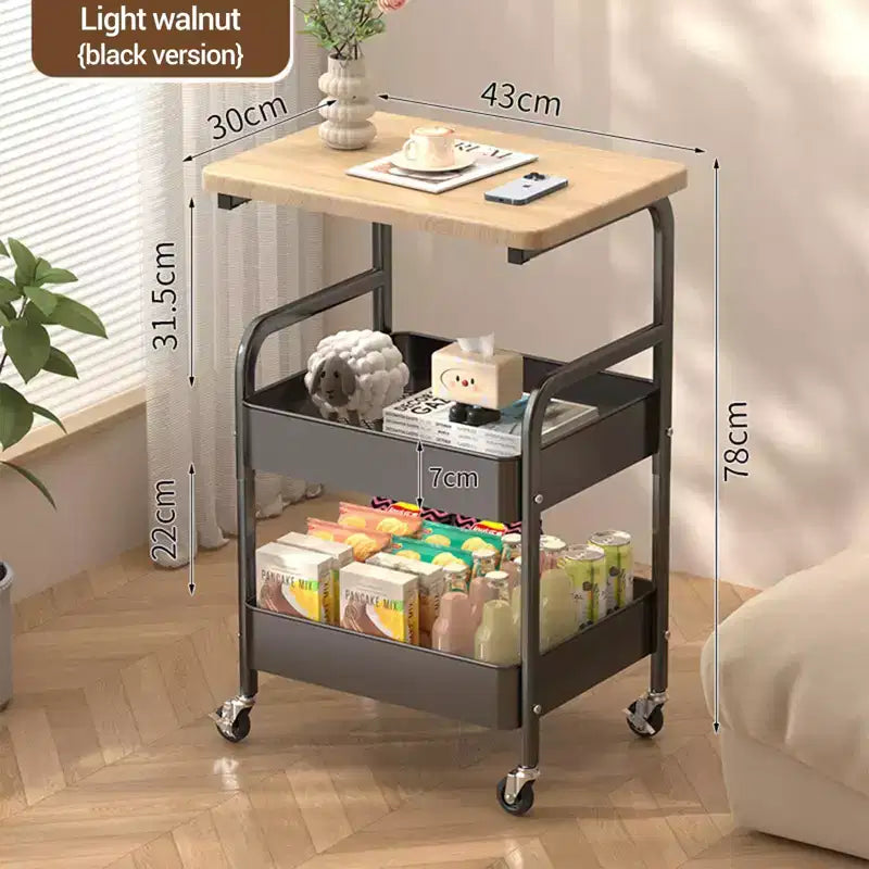Chariot de rangement à 3 niveaux avec plateau en bois de noyer, organiseur roulant polyvalent pour snacks, café et maquillage, cadre en métal avec roues verrouillables