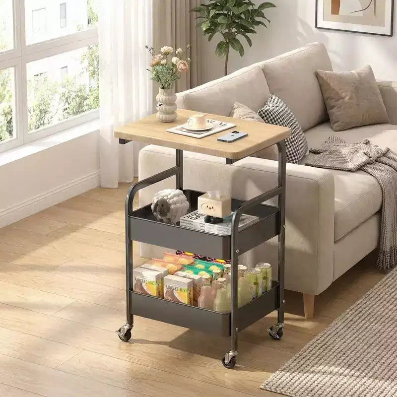 Chariot de rangement à 3 niveaux avec plateau en bois de noyer, organiseur roulant polyvalent pour snacks, café et maquillage, cadre en métal avec roues verrouillables
