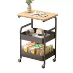 3-Tier Utility Cart with Walnut Wood Tabletop, Rolling Multi-Purpose Organizer for Snacks, Coffee and Makeup, Metal Frame with Lockable Wheels