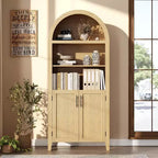 Étagère ouverte à 5 niveaux avec décor en rotin, armoire de rangement de style ferme, armoire de rangement de cuisine arquée, pour la maison, le bureau, le salon