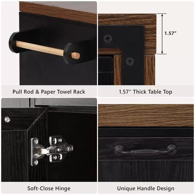 FAMYYT 102.3 Desserte de cuisine roulante avec table à manger extensible, armoire de rangement pour poubelle, étagère à épices coulissante à 3 niveaux, 2 tiroirs