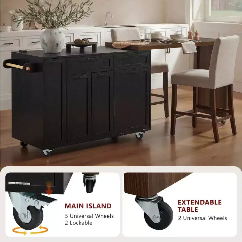 FAMYYT 102.3 Desserte de cuisine roulante avec table à manger extensible, armoire de rangement pour poubelle, étagère à épices coulissante à 3 niveaux, 2 tiroirs