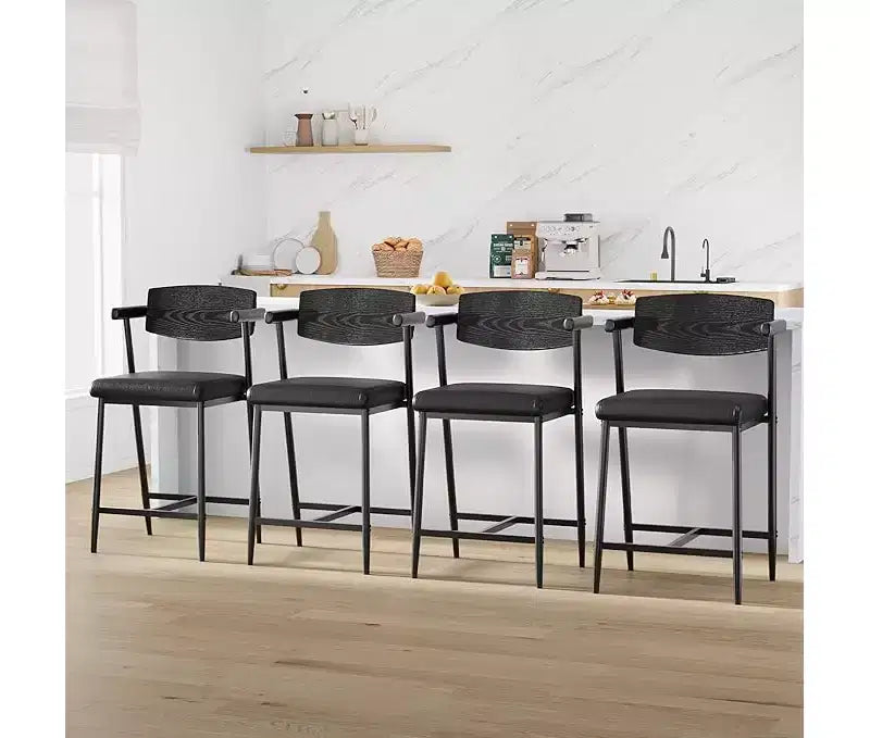 Tabourets de bar (lot de 2) avec accoudoirs, tabourets de bar de 66 cm de hauteur de comptoir avec repose-pieds et dossier en bois, ensemble de tabourets de bar en métal avec large assise rembourrée