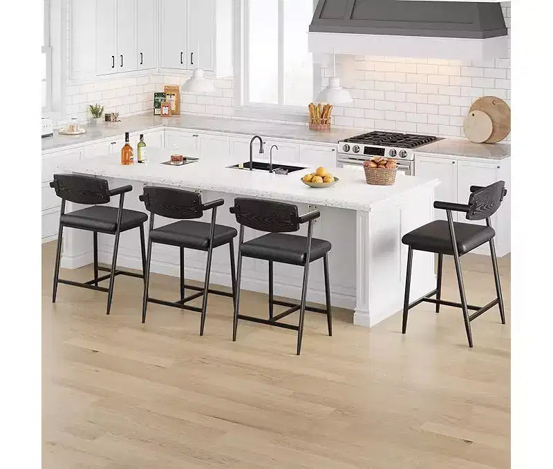 Tabourets de bar (lot de 2) avec accoudoirs, tabourets de bar de 66 cm de hauteur de comptoir avec repose-pieds et dossier en bois, ensemble de tabourets de bar en métal avec large assise rembourrée