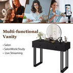 COZONY Coiffeuse de 100 cm avec Miroir Rond Éclairé HD, 3 Couleurs de Lumières LED, 2 Tiroirs, Coiffeuse Compacte pour Chambre, Noir