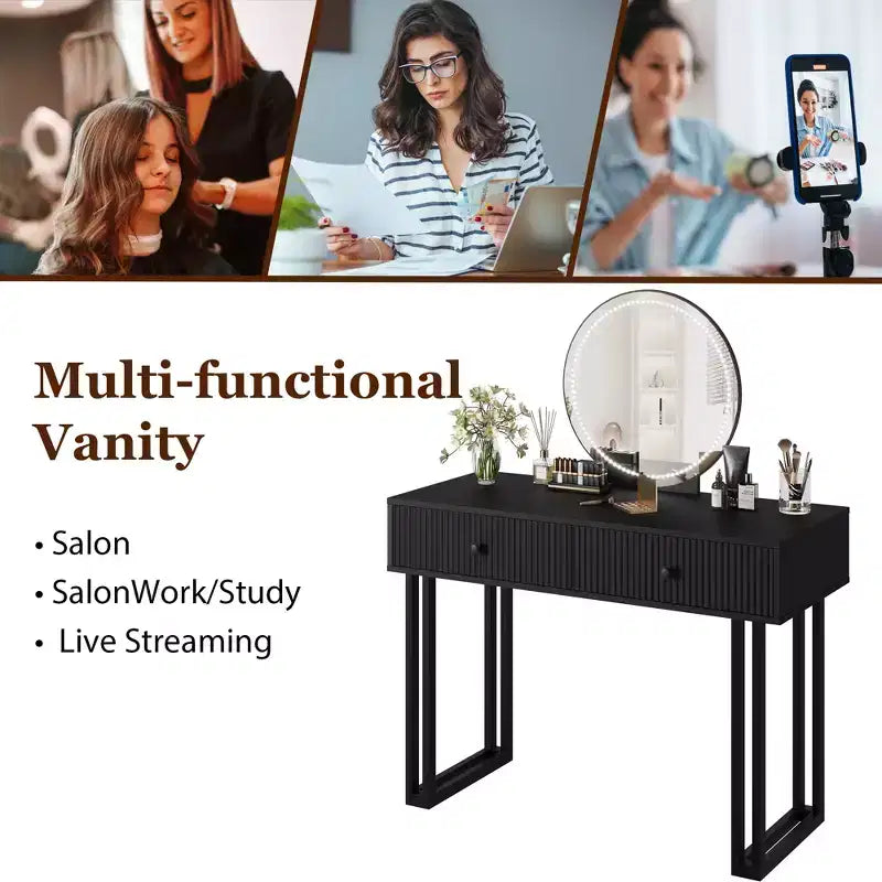 COZONY Coiffeuse de 100 cm avec Miroir Rond Éclairé HD, 3 Couleurs de Lumières LED, 2 Tiroirs, Coiffeuse Compacte pour Chambre, Noir