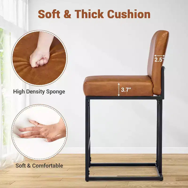 Lot de 2 tabourets de bar à hauteur de comptoir en cuir PU avec dossier, cadre métallique de 61 cm, repose-pieds, siège rembourré confortable pour îlot de cuisine, bar à domicile.