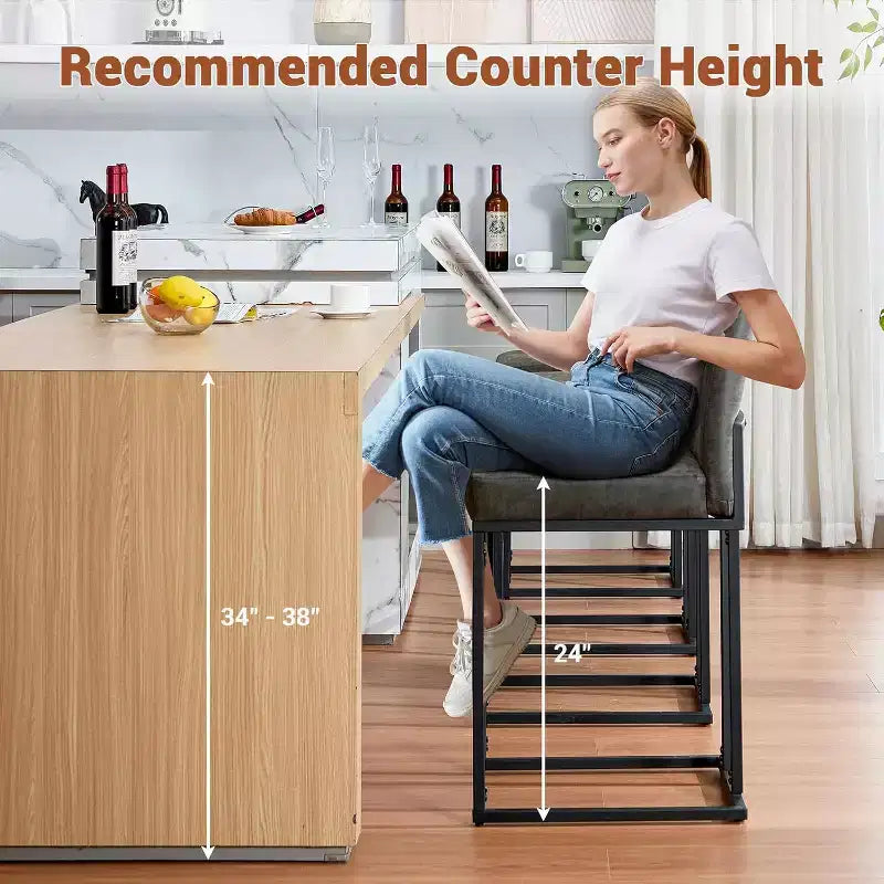 Lot de 2 tabourets de bar à hauteur de comptoir en cuir PU avec dossier, cadre métallique de 61 cm, repose-pieds, siège rembourré confortable pour îlot de cuisine, bar à domicile.