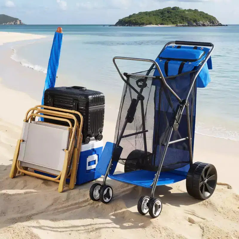 Chariot de plage VEVOR avec grandes roues pour le sable, capacité de charge de 75 kg, chariot de plage pliant robuste avec 10 roues pleines, bleu+gris