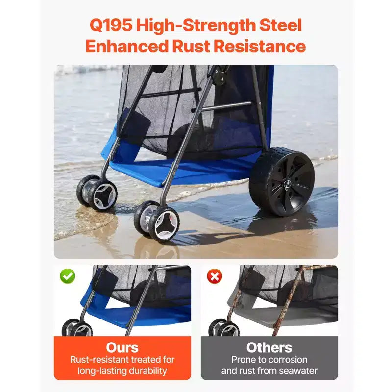 Chariot de plage VEVOR avec grandes roues pour le sable, capacité de charge de 75 kg, chariot de plage pliant robuste avec 10 roues pleines, bleu+gris