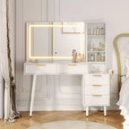 Coiffeuse avec lumières, coiffeuse cannelée de 122 cm avec plateau en verre et miroir éclairé HD de 91 cm, table de maquillage avec 5 tiroirs et étagères à 3 niveaux, blanche