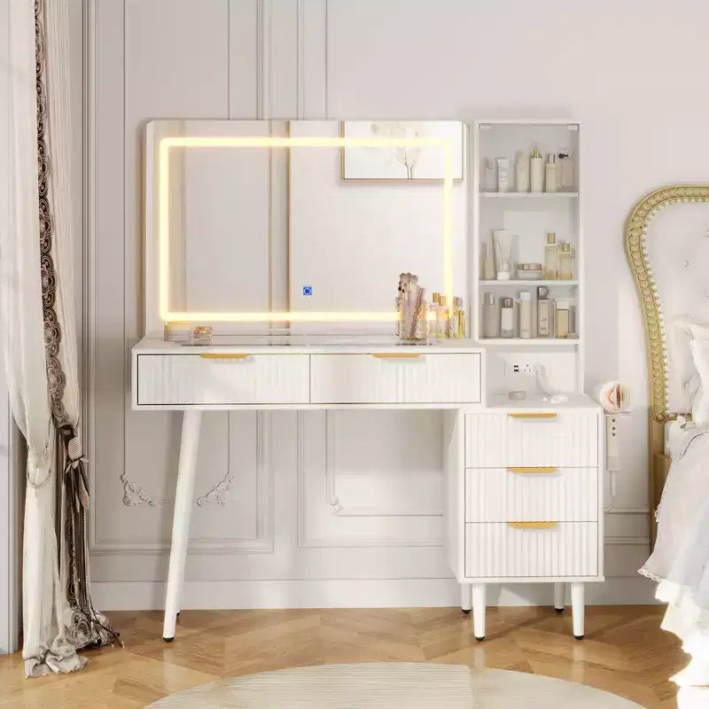 Coiffeuse avec lumières, coiffeuse cannelée de 122 cm avec plateau en verre et miroir éclairé HD de 91 cm, table de maquillage avec 5 tiroirs et étagères à 3 niveaux, blanche