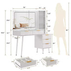 Coiffeuse avec lumières, coiffeuse cannelée de 122 cm avec plateau en verre et miroir éclairé HD de 91 cm, table de maquillage avec 5 tiroirs et étagères à 3 niveaux, blanche