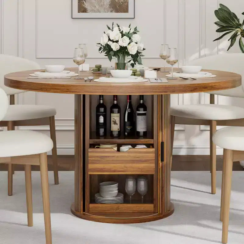 Table à manger ronde 47" pour 4 personnes avec étagère de rangement et tiroir - Table circulaire de style rustique avec portes coulissantes, bois naturel, salon