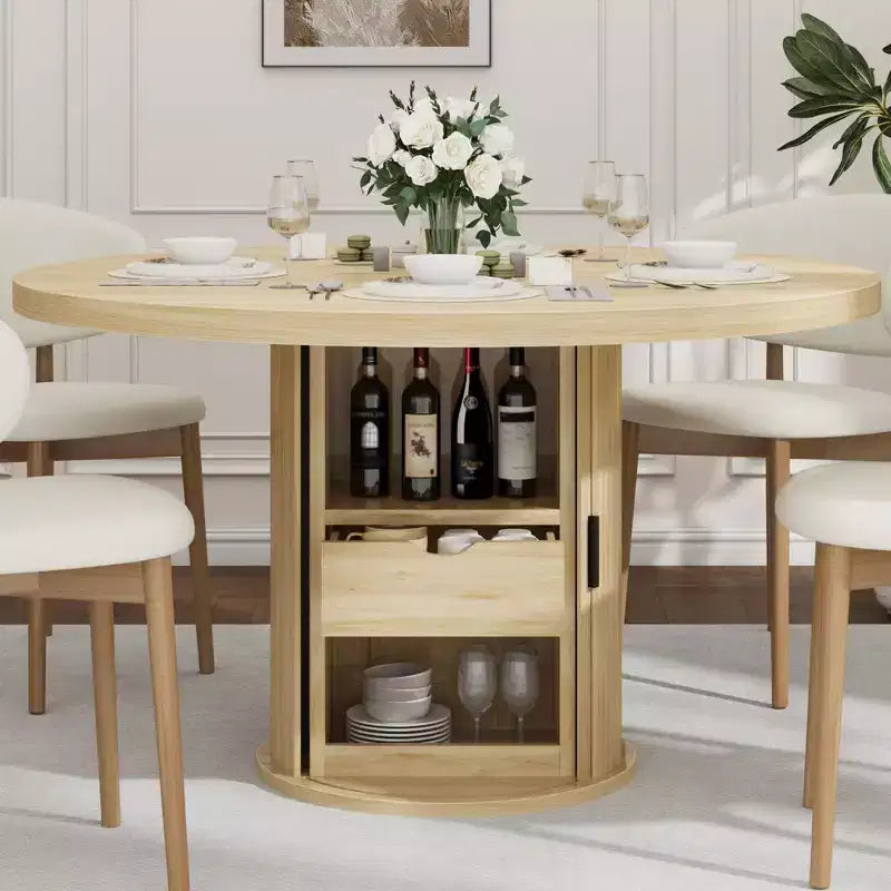 Table à manger ronde 47" pour 4 personnes avec étagère de rangement et tiroir - Table circulaire de style rustique avec portes coulissantes, bois naturel, salon