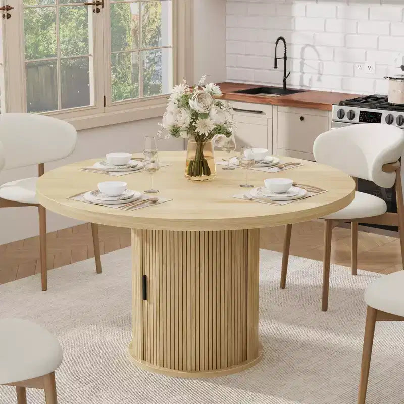 Table à manger ronde 47" pour 4 personnes avec étagère de rangement et tiroir - Table circulaire de style rustique avec portes coulissantes, bois naturel, salon