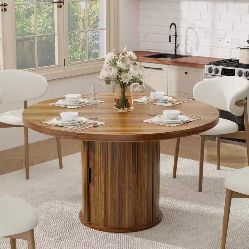 Table à manger ronde 47" pour 4 personnes avec étagère de rangement et tiroir - Table circulaire de style rustique avec portes coulissantes, bois naturel, salon