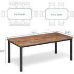 Table à manger longue industrielle pour 6-8 personnes, table de cuisine rectangulaire en bois avec cadre métallique robuste, style ferme moderne pour salle à manger et cuisine.