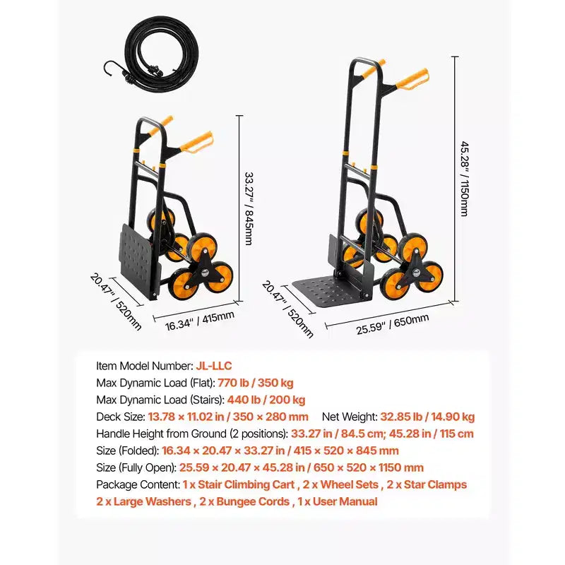 Chariot de montée d'escalier VEVOR, capacité de montée de 200 kg, chariot pliant robuste avec poignée télescopique, noir+orange