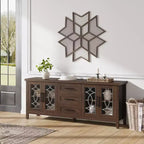 Meuble TV de 65 po pour téléviseurs jusqu'à 70 po – Meuble de divertissement moderne du milieu du siècle avec 2 portes vitrées et 3 tiroirs – Console multimédia en bois