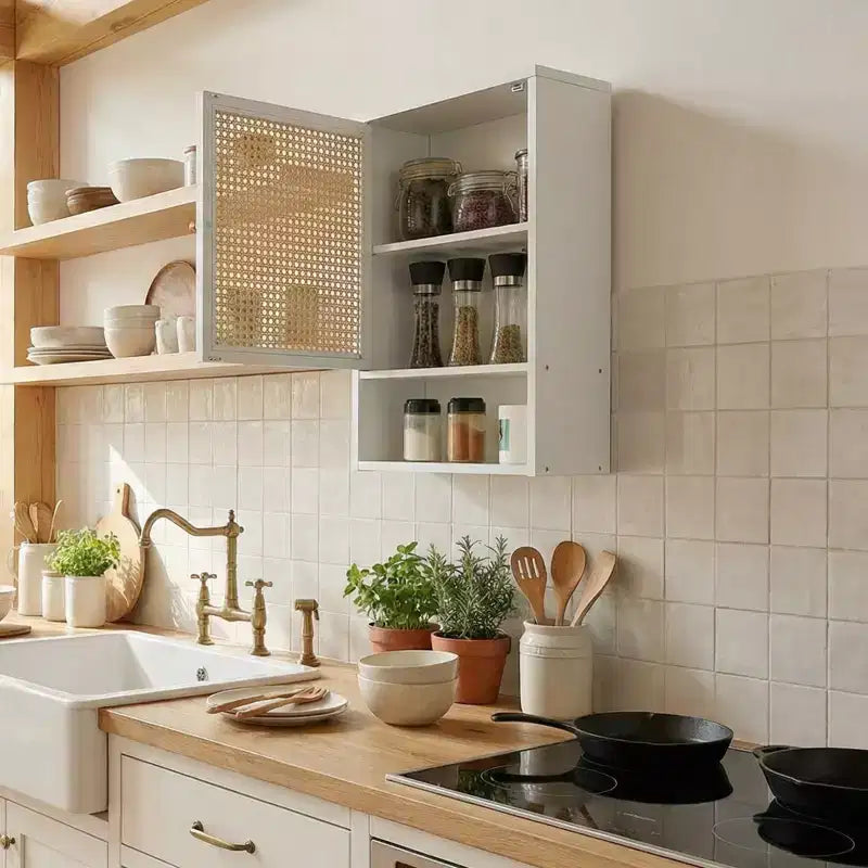Meuble Haut de Salle de Bain en Bambou avec Portes en Rotin - Armoire à Pharmacie avec Étagère Réglable et Organiseur de Rangement Gain de Place pour WC