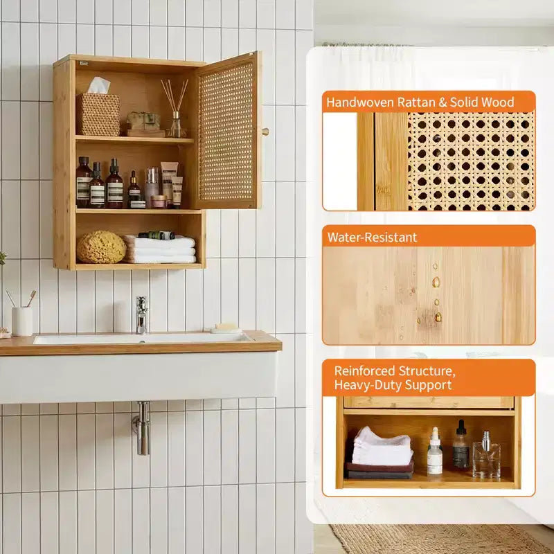 Meuble Haut de Salle de Bain en Bambou avec Portes en Rotin - Armoire à Pharmacie avec Étagère Réglable et Organiseur de Rangement Gain de Place pour WC