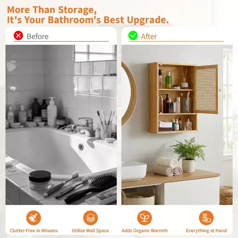 Meuble Haut de Salle de Bain en Bambou avec Portes en Rotin - Armoire à Pharmacie avec Étagère Réglable et Organiseur de Rangement Gain de Place pour WC