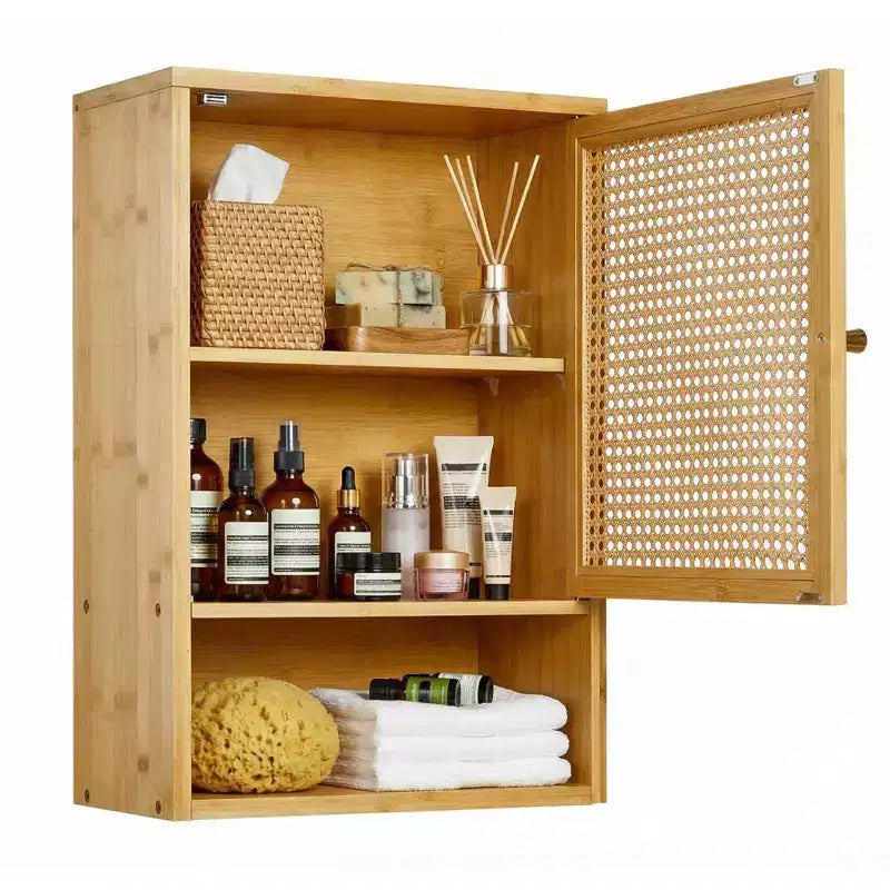 Meuble Haut de Salle de Bain en Bambou avec Portes en Rotin - Armoire à Pharmacie avec Étagère Réglable et Organiseur de Rangement Gain de Place pour WC