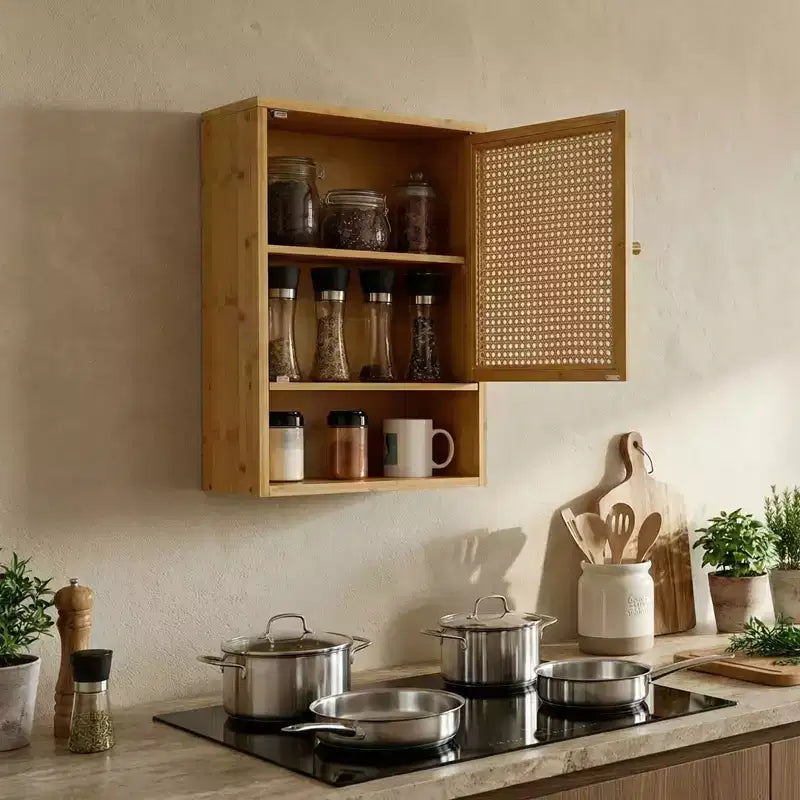 Meuble Haut de Salle de Bain en Bambou avec Portes en Rotin - Armoire à Pharmacie avec Étagère Réglable et Organiseur de Rangement Gain de Place pour WC