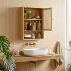 Meuble Haut de Salle de Bain en Bambou avec Portes en Rotin - Armoire à Pharmacie avec Étagère Réglable et Organiseur de Rangement Gain de Place pour WC