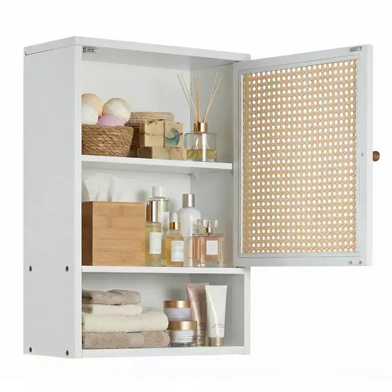 Meuble Haut de Salle de Bain en Bambou avec Portes en Rotin - Armoire à Pharmacie avec Étagère Réglable et Organiseur de Rangement Gain de Place pour WC