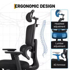 Chaise de bureau ergonomique en maille, Chaise de bureau à dossier haut avec support lombaire réglable 136 kg, Accoudoirs relevables 4D, Dossier inclinable sur 3 niveaux, Appuie-tête 3D, Roues en PU