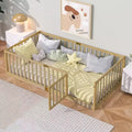 Clihome Rubber Wood Floor Bed with High Fence Guardrails & Door (Includes 6 Slats)
