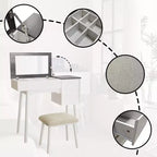 Coiffeuse blanche avec miroir rabattable, 2 tiroirs et 8 compartiments pour chambre, design 3-en-1, peu encombrant